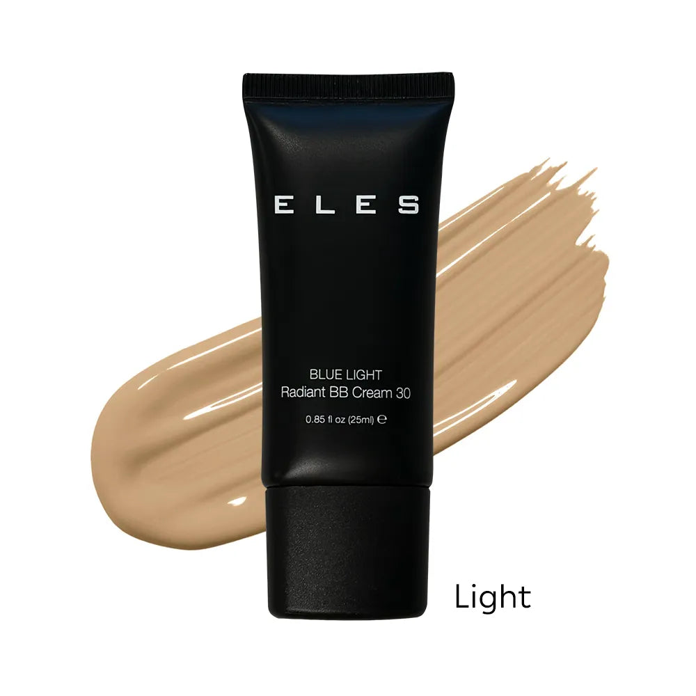 Black tube of ELES Blue Light Radiant BB Cream 30 with a beige color swatch on a white background