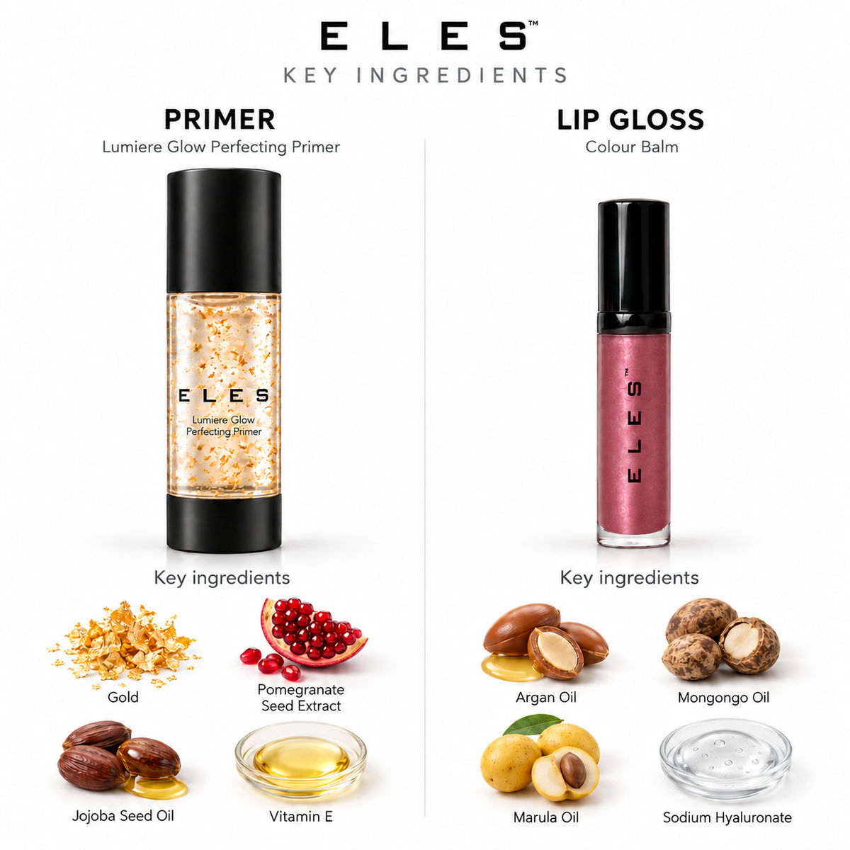 ELES Lumiere Glow Perfecting Primer and Colour Balm ingredient infographic with product images side by side.