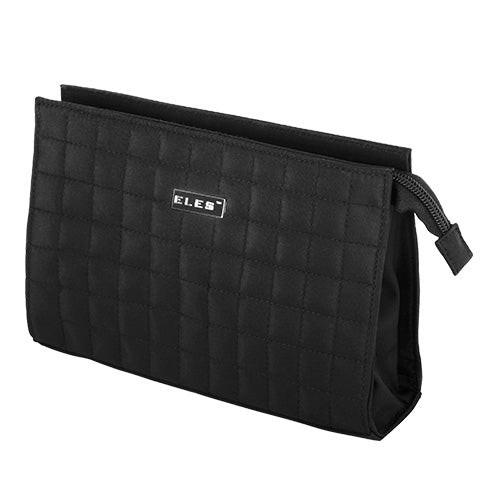 Black quilted pouch with a visible brand logo on a white background