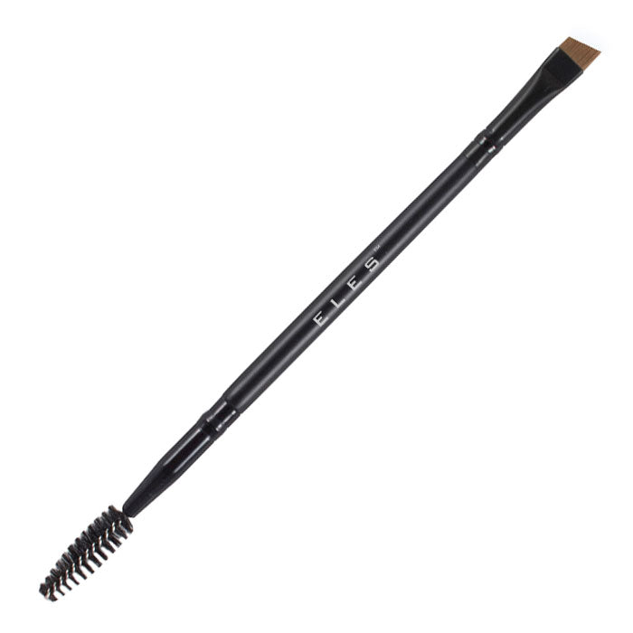 A dual-ended angled eyebrow brush with one end featuring short, stiff bristles and the other end with longer, softer bristles, plus a spool brush for blending.