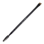 A dual-ended angled eyebrow brush with one end featuring short, stiff bristles and the other end with longer, softer bristles, plus a spool brush for blending.