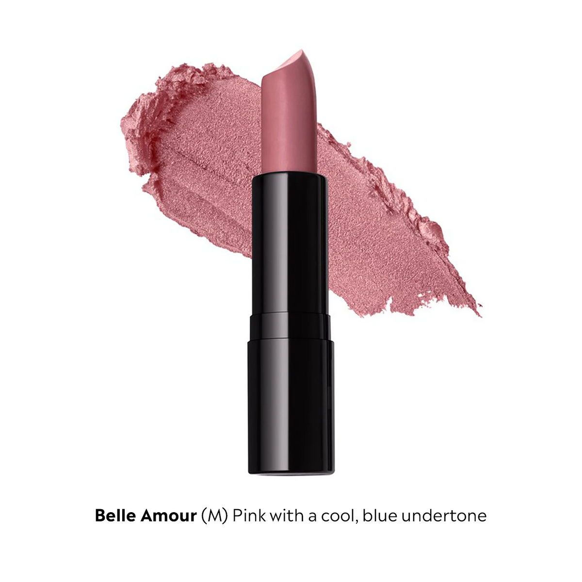 Lipstick with a swatch of Belle Amour shade on a white background