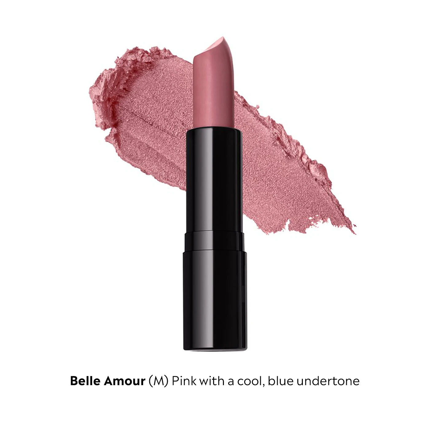 Lipstick with a swatch of Belle Amour shade on a white background
