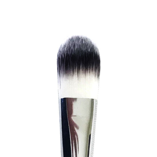 A flat foundation brush with a white handle and synthetic bristles, positioned with the brush head up.