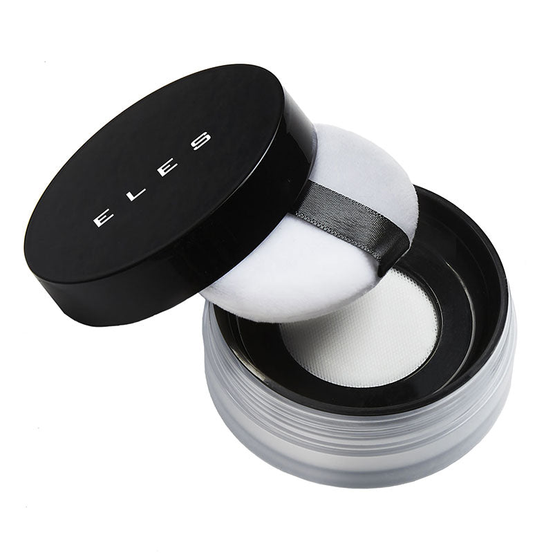 A jar of ELES brand HD Translucent Powder with the lid open, showing the powder inside.