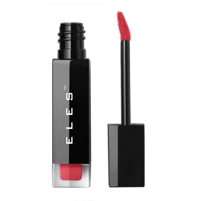 A photo of a lip stain product with the brand name 'ELES' displayed. The product is open with a visible applicator, showing a bright red color representing the lip stain.