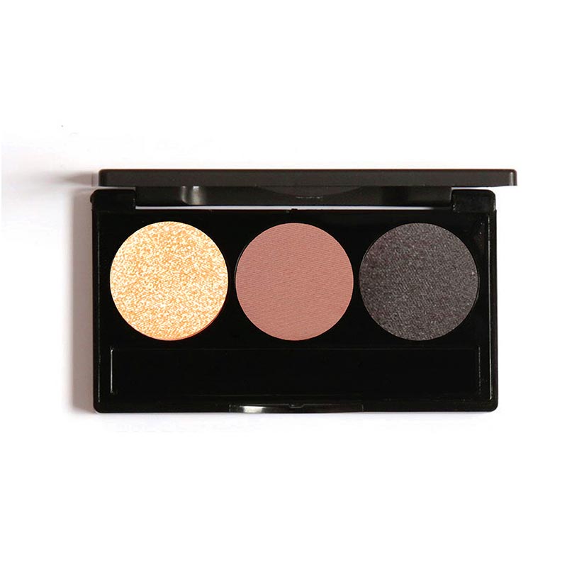 A palette with three shades of eyeshadow, including matte and shimmer finishes, in a black compact.