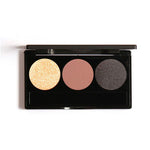 A palette with three shades of eyeshadow, including matte and shimmer finishes, in a black compact.