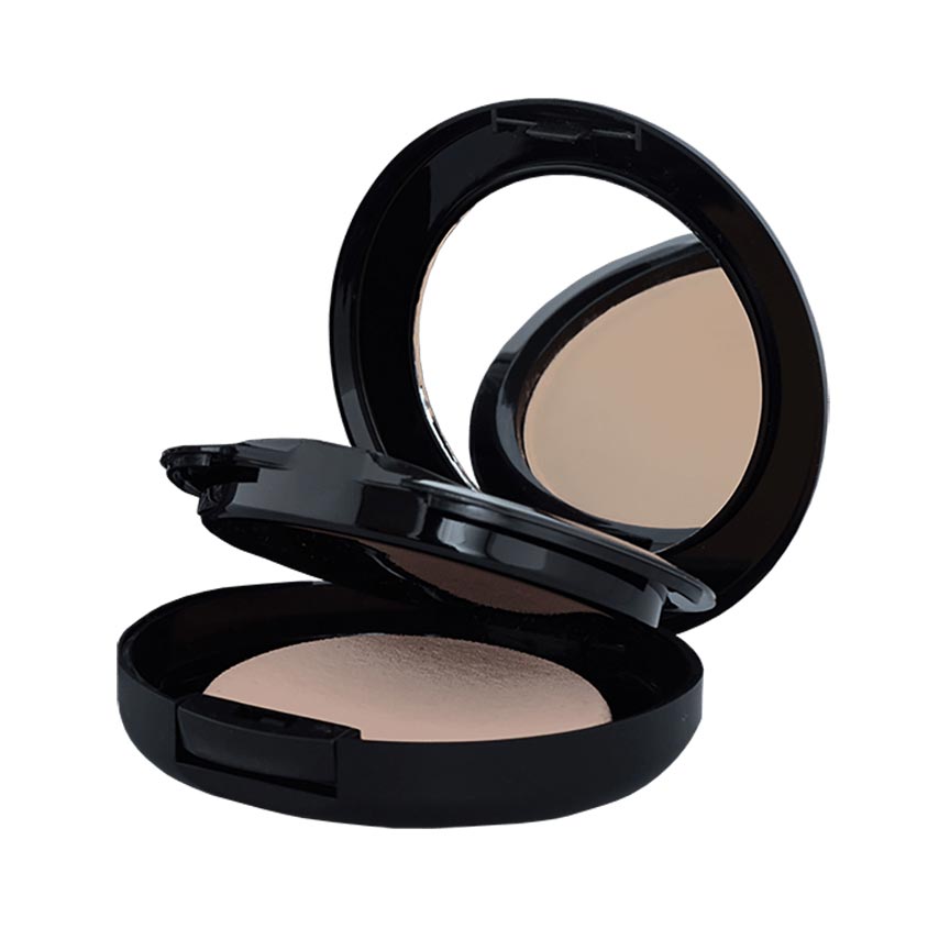 A compact Mineral Veil Cream to Powder Foundation with a mirror on the lid, showing a velvety matte finish foundation.