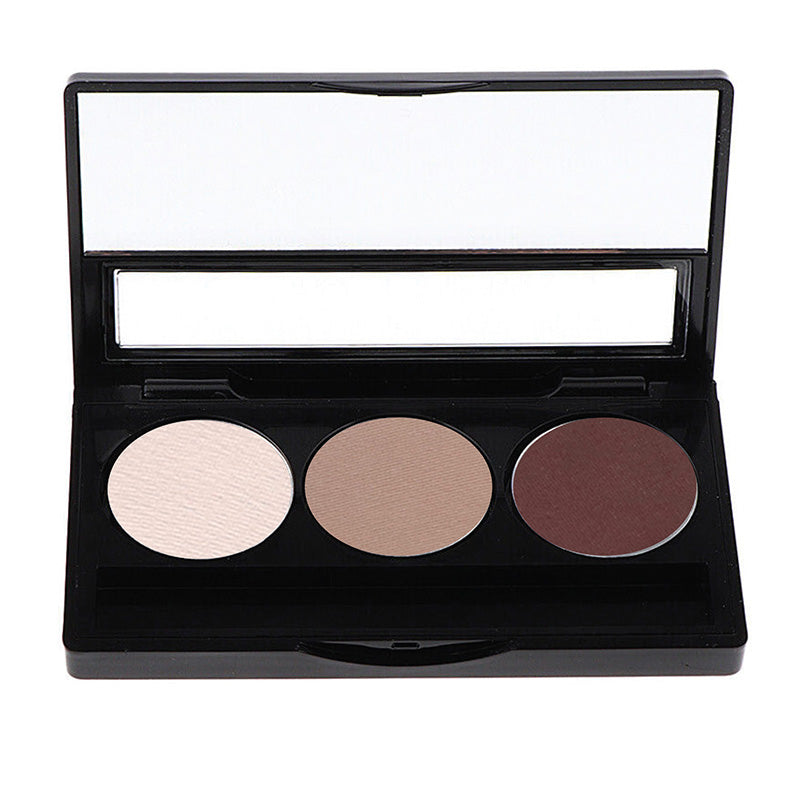 An eyeshadow palette with three shades of nude color including beige, brown, and gray, presented in a black case.