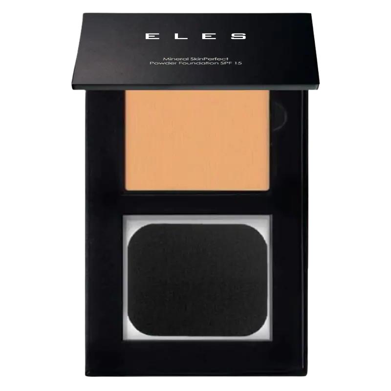 Compact powder in a black case with 'ELES' branding on a white background