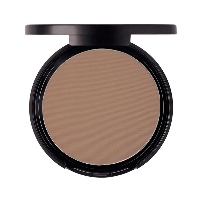 Compact silk matte bronzer in a circular container with a built-in mirror, showing a pressed powder bronzer in a neutral shade.