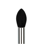 Makeup brush with black bristle head and silver ferrule on a white background