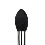 Black makeup brush with striped handle on a white background