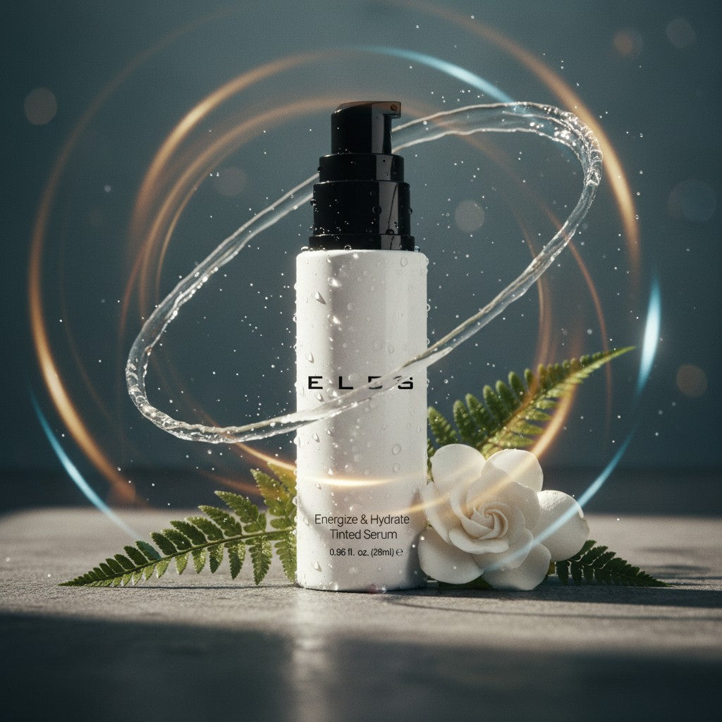 Skincare serum bottle with floral and leaf elements on a dark background