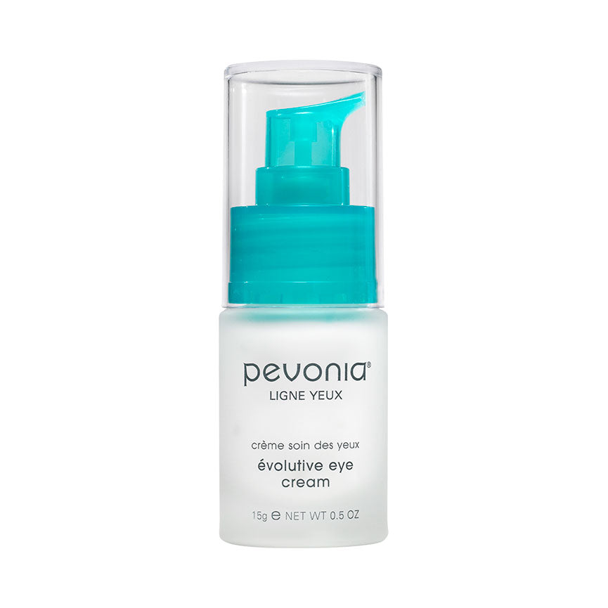 A pump bottle of Pevonia Évolutive Eye Cream, designed for skin care, with visible contents through the transparent packaging.