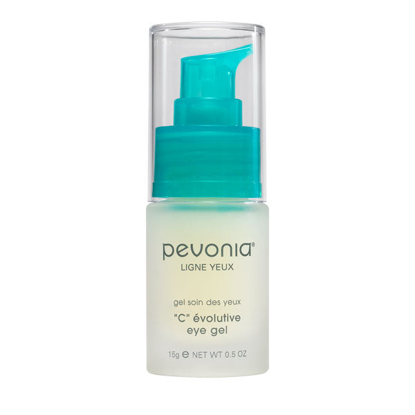 A pump bottle of Pevonia C Evolutive Eye Gel designed for skincare, specifically for the eye area.