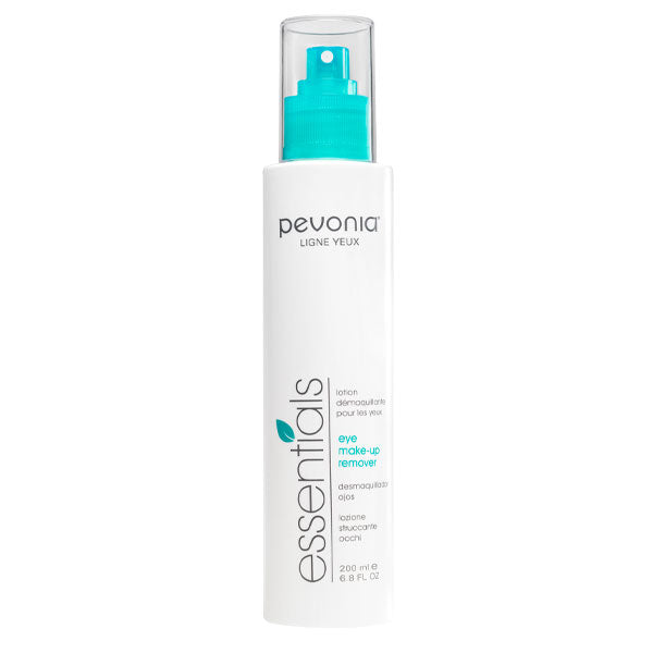 A bottle of Pevonia Eye Makeup Remover eye makeup remover with a white label and a turquoise spray nozzle.