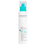 A bottle of Pevonia Eye Makeup Remover eye makeup remover with a white label and a turquoise spray nozzle.