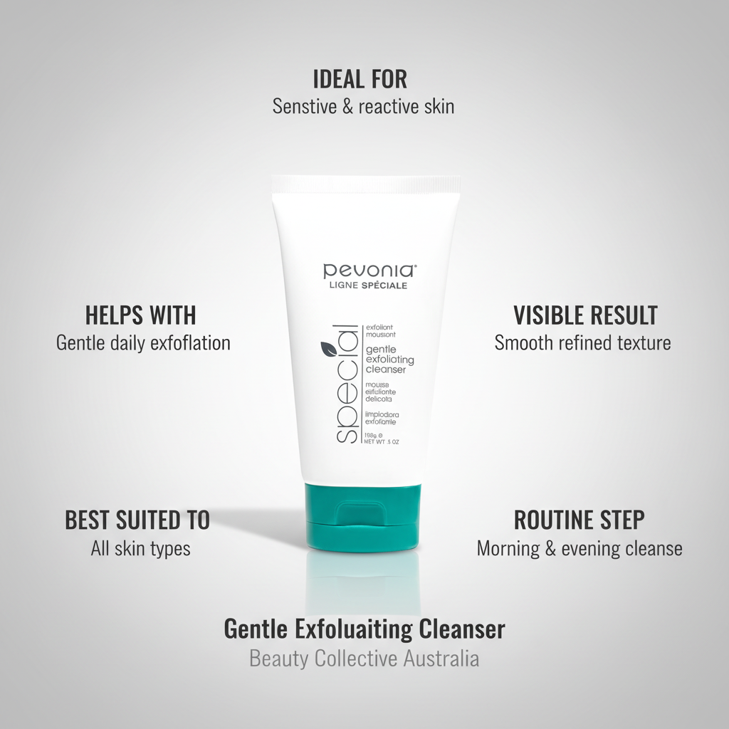 Pevonia Gentle Exfoliating Cleanser  retail size 150g tubes wit call out benefits botanical jojoba bead exfoliating facial cleanser for end consumer use. beauty collective watermark added