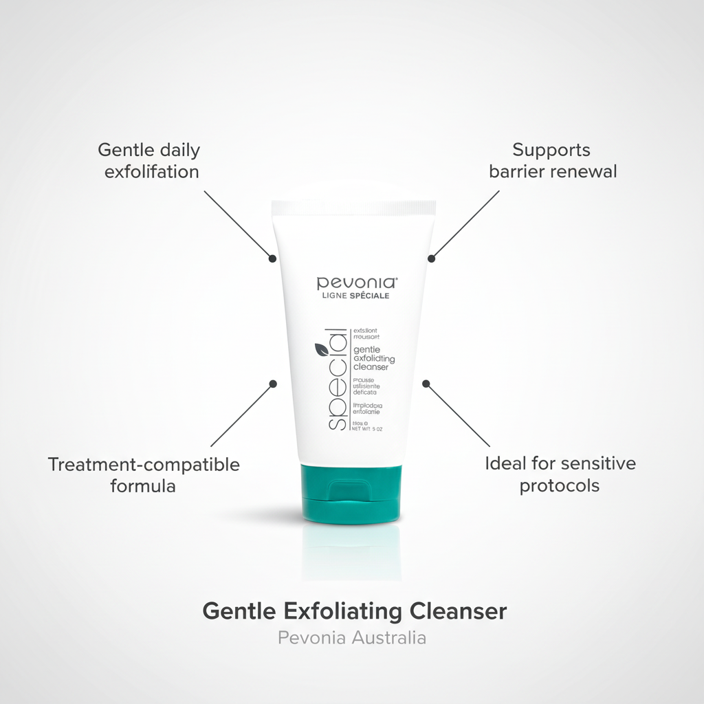Pevonia Gentle Exfoliating Cleanser  retail size 150g tubes wit call out benefits botanical jojoba bead exfoliating facial cleanser for end consumer use