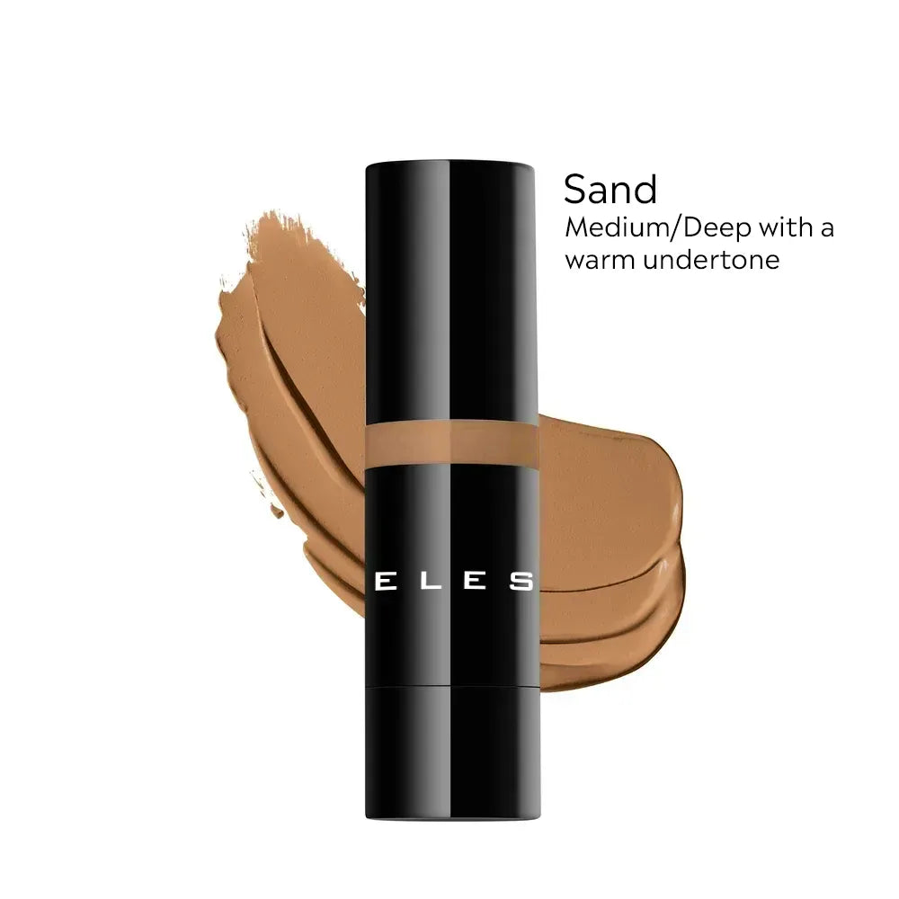 ELES HD Luminous Foundation with sand color swatch and 'ELES' branding on a white background