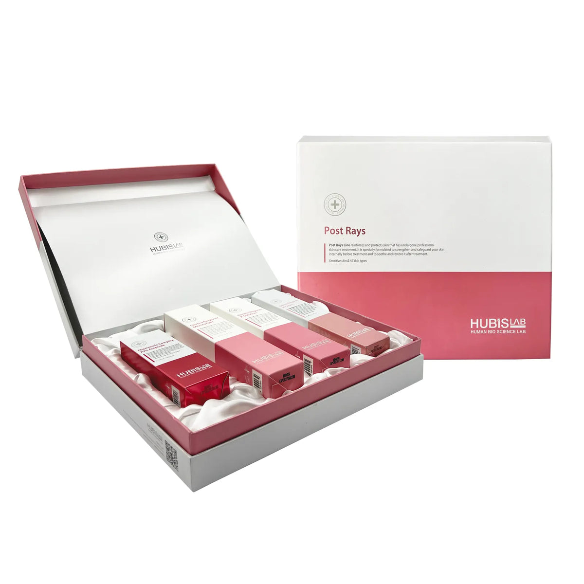 Hubislab skincare product set in a white and red box on a white background