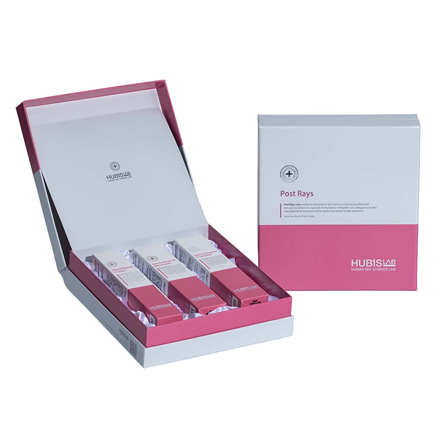 Hubislab Post Rays Gift Set 3 items for  post-treatment recovery, calms redness, deep hydration and strengthens barrier in a clean clinical-luxury layout.