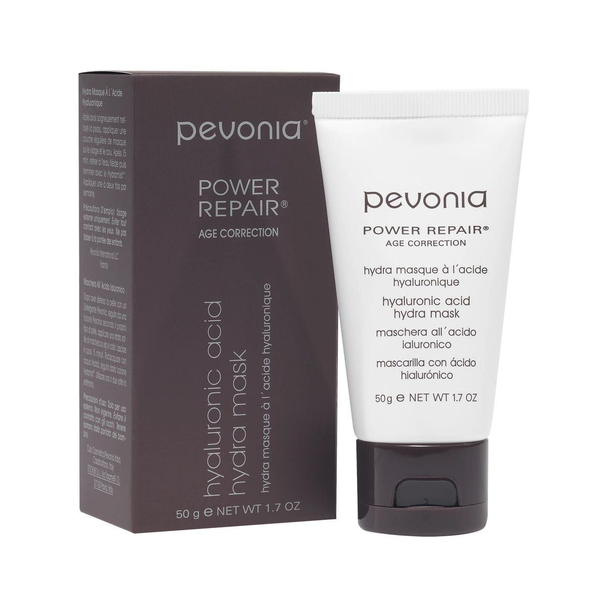 Pevonia Power Repair Hyaluronic Acid Hydra Mask skincare tube with boxed packaging on a white background 50g
