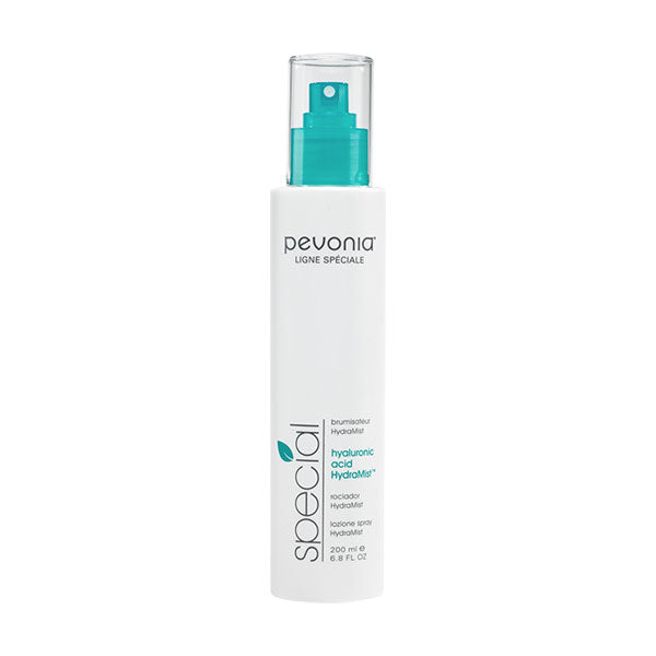 A bottle of Pevonia Hyaluronic Acid HydraMist with a white label and a turquoise spray nozzle.