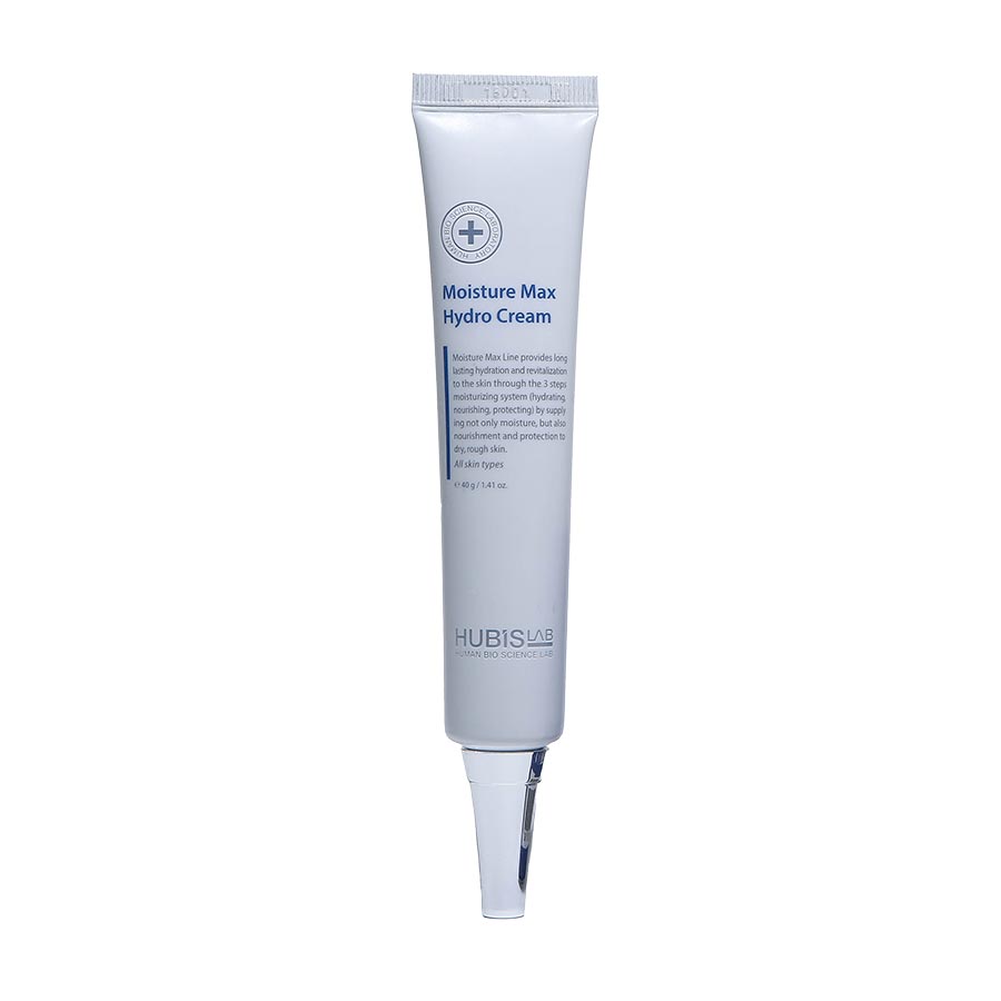 Tube of hubislab Moisture Max Hydro Cream with white and blue packaging.