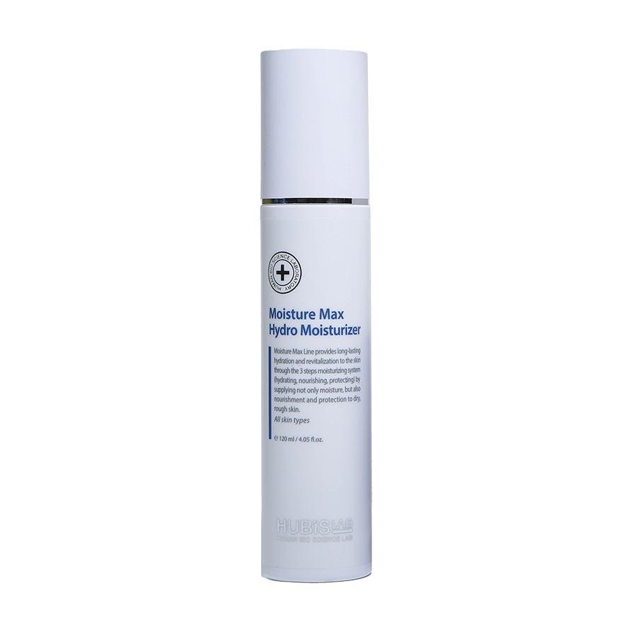A white pump bottle labeled 'Moisture Max Hydro Moisturiser' by hubislab.