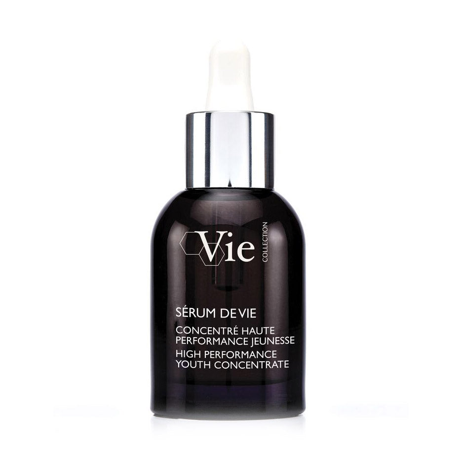 A black bottle of Vie Collection Serum De Vie High Performance Youth Concentrate with a white pump dispenser, labeled in white and silver text.