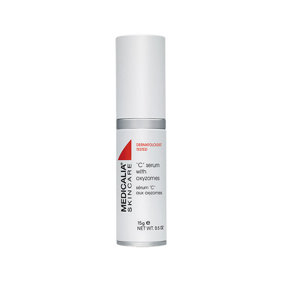 A bottle of Medicalia C Serum with Oxyzomes, encapsulated Vitamin C serum designed for skincare, 15ml in size.