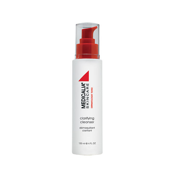 A pump bottle of Medicalia Clarifying Cleanser with a red and white label, 120ml size.