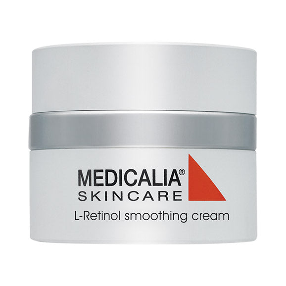 Medicalia Skincare L-Retinol Smoothing Cream 50ml jar with silver band and red triangle logo on a white background