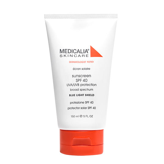 A tube of Medicalia Skincare sunscreen SPF 40 with blue light shield, 150ml size, in white and orange packaging.
