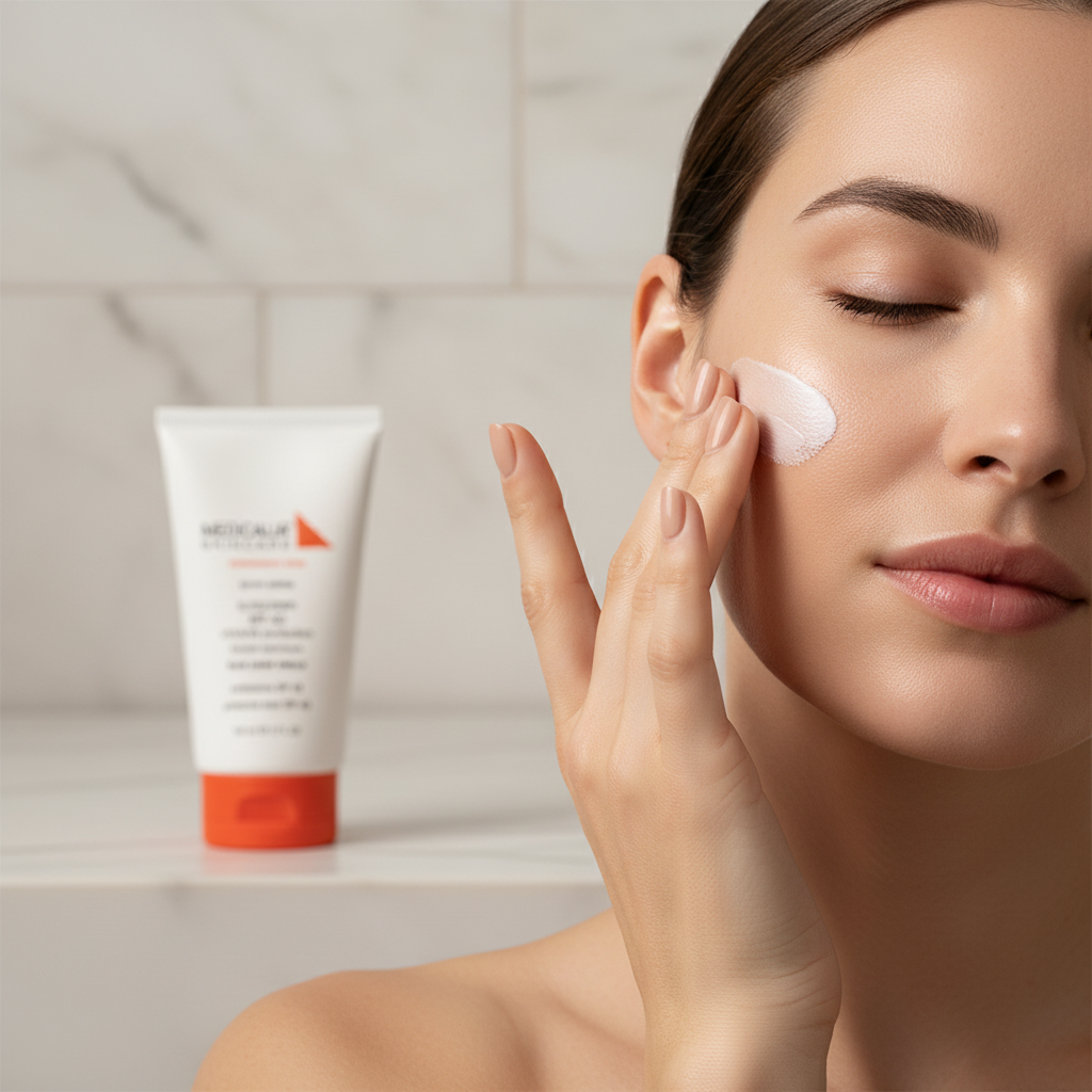 Woman applying cream to her face with a tube of Medicalia sunscreen with SPF 40 in the background.