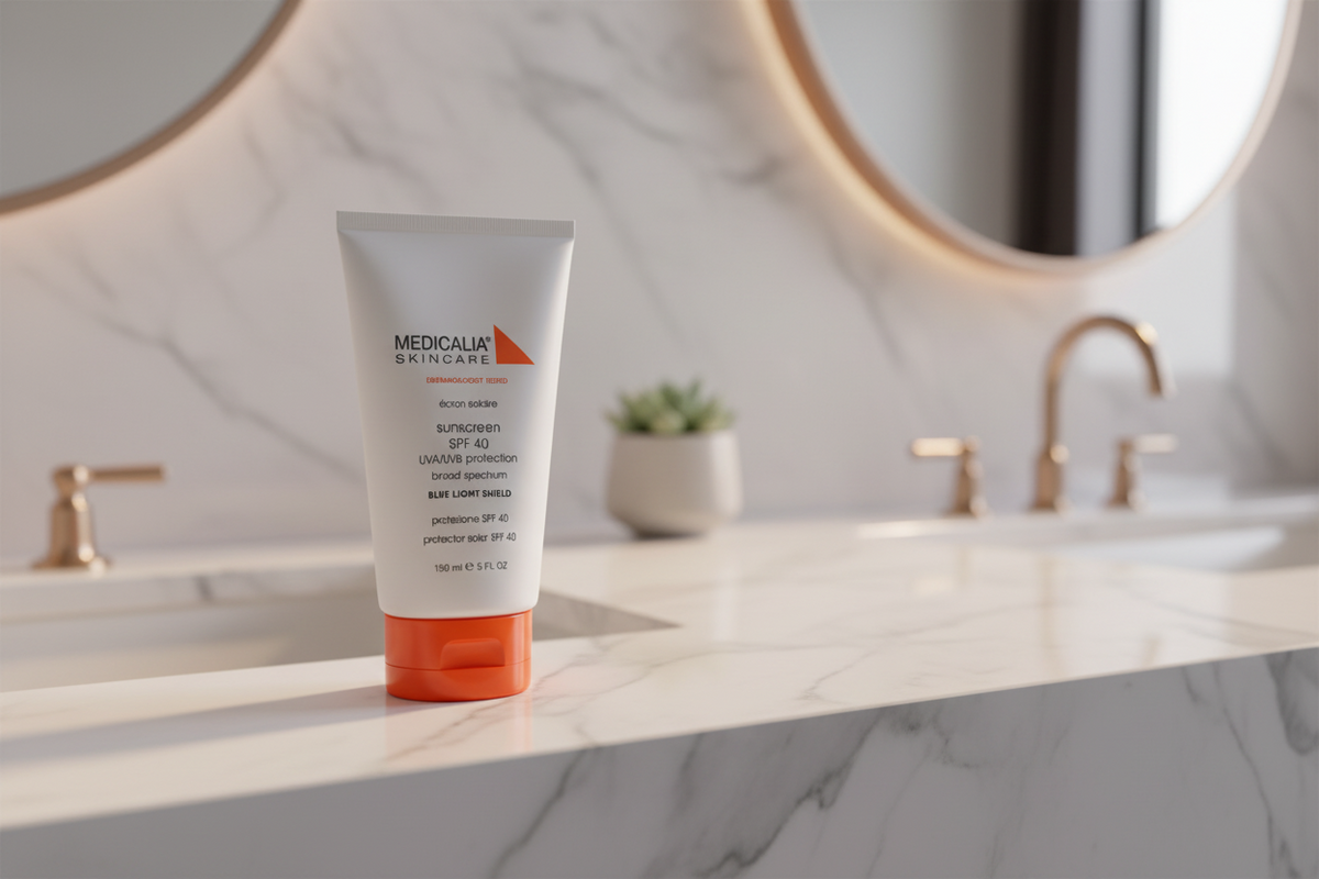 Tube of Medicalia skincare product on a marble bathroom counter