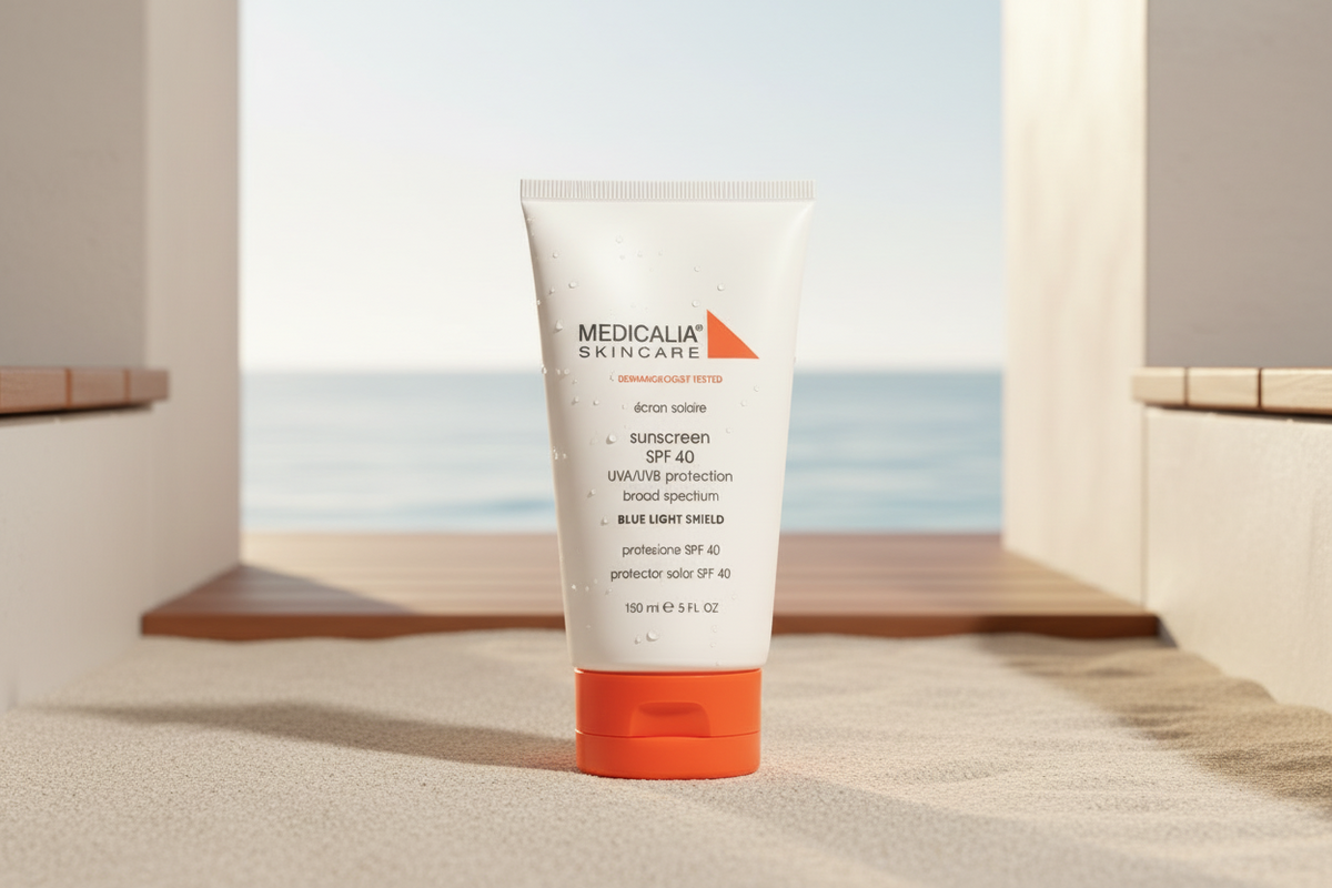 Tube of Medicalia Skincare sunscreen on a sandy surface with a beach background