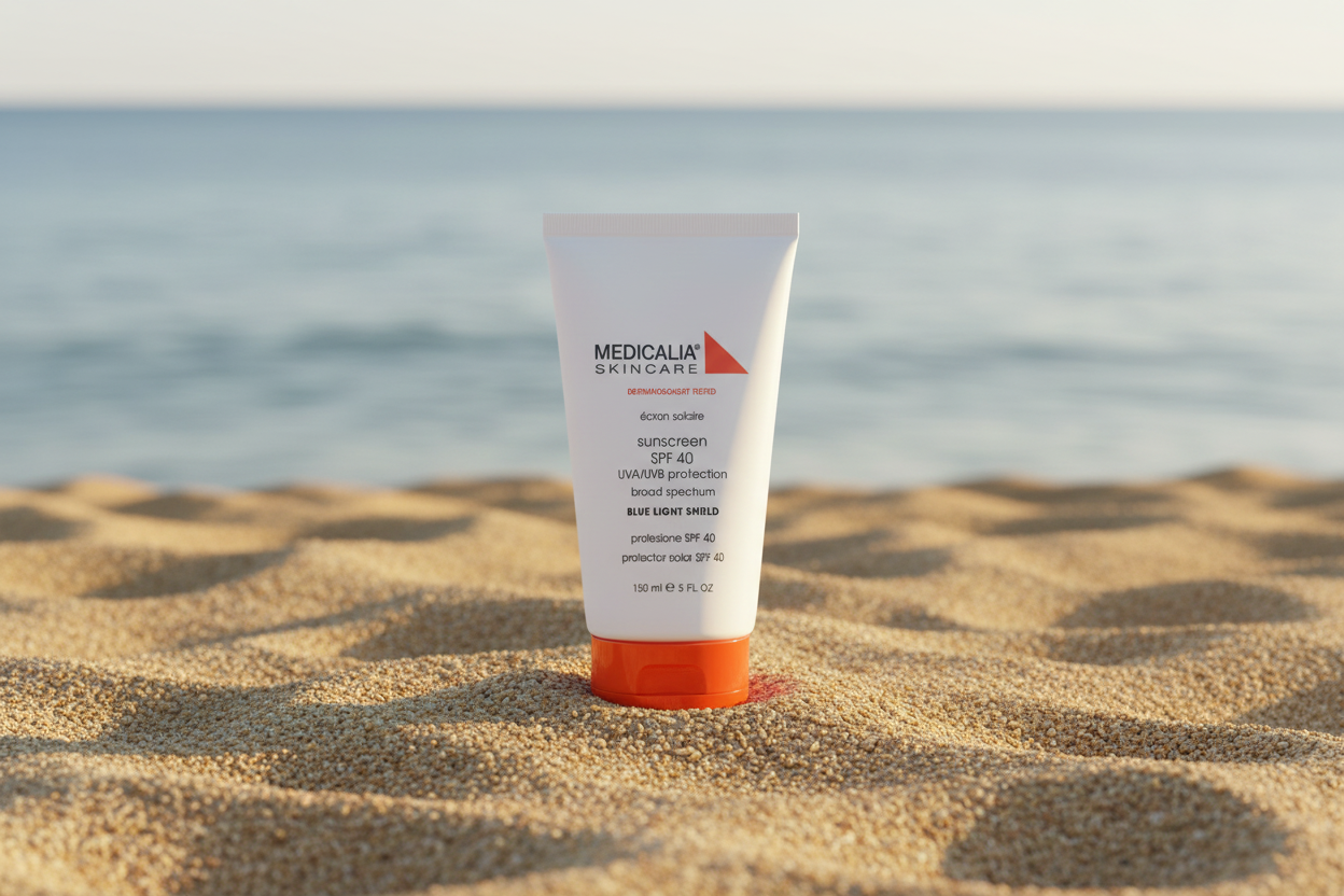 Tube of Medicalia Sunscreen on sand with ocean in the background