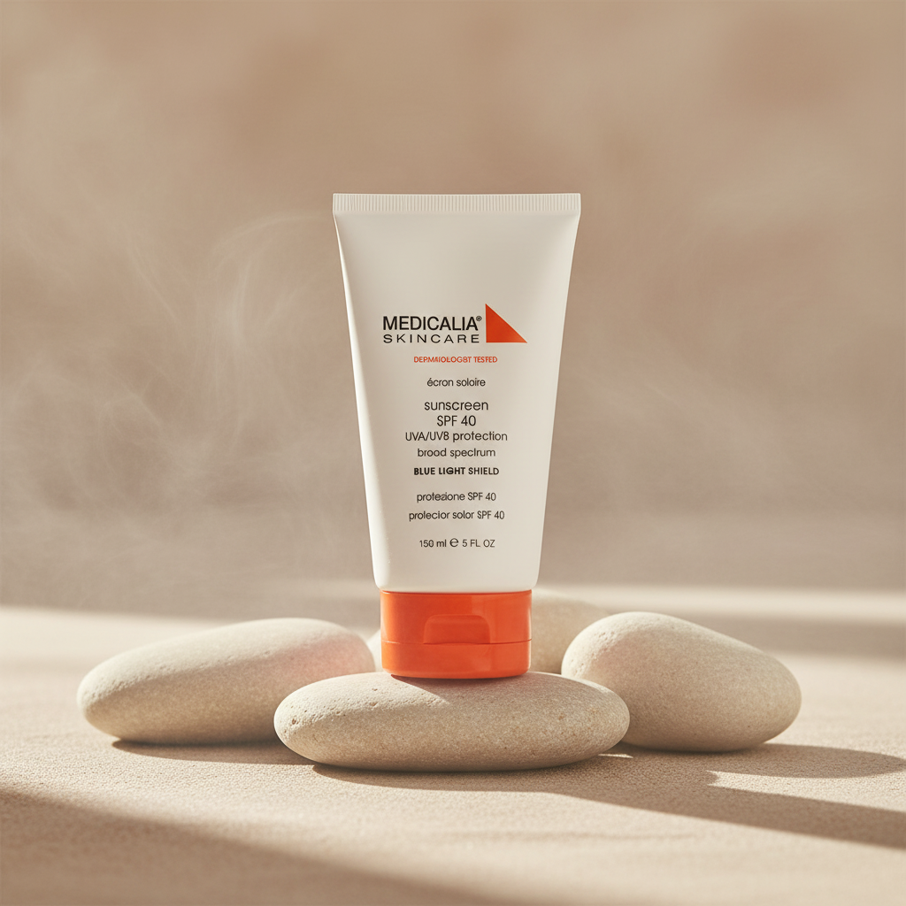 Medicalia Skincare sunscreen on stones with a beige background
