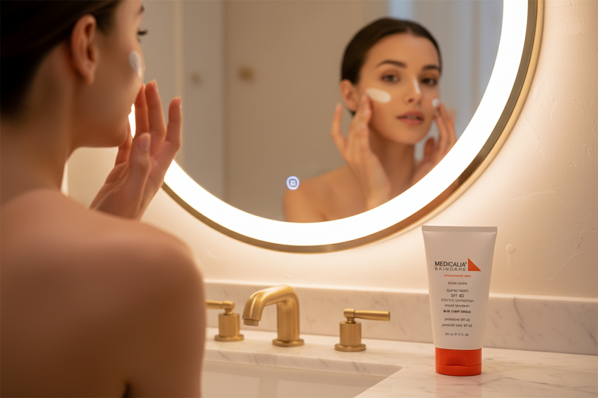 Woman applying Medicalia skincare sunscreen wirth SPF 40 to her face in front of a mirror with a tube of cream on the counter.