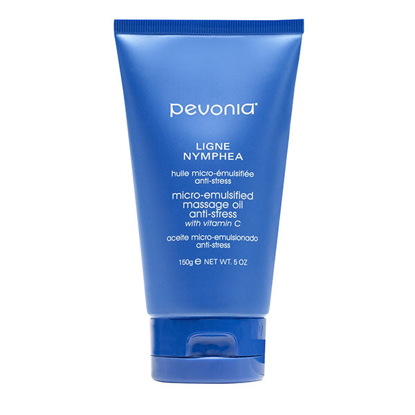 A blue tube of Pevonia Micro Emulsion Massage Oil 150g with text indicating it is anti-stress, aromatic, and nourishing.