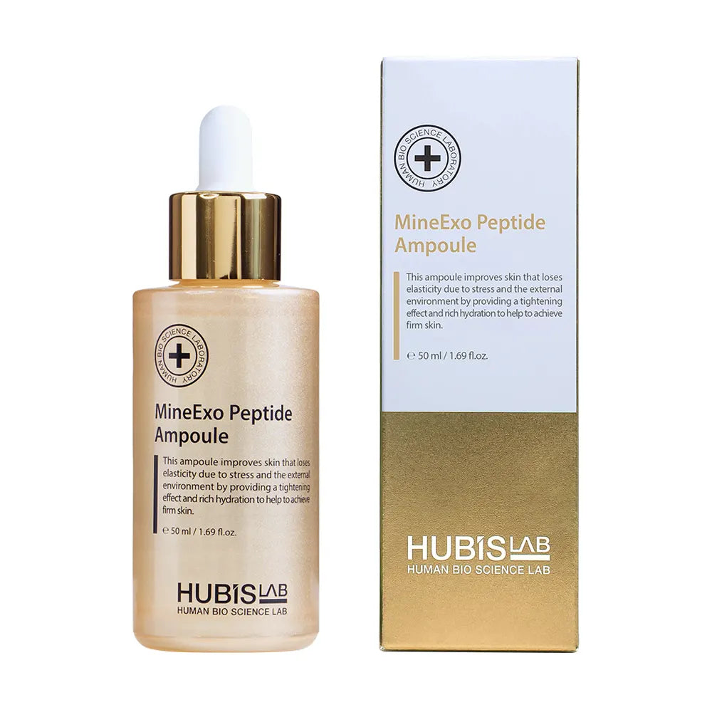 A packaged MineExo Peptide Ampoule by HUBISLAB, with the product displayed in front of its box. The ampoule bottle is gold in color with a white dropper, and the box has branding and product information.