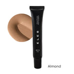 Black foundation tube labeled 'ELES' with a swatch of almond shade on a white background