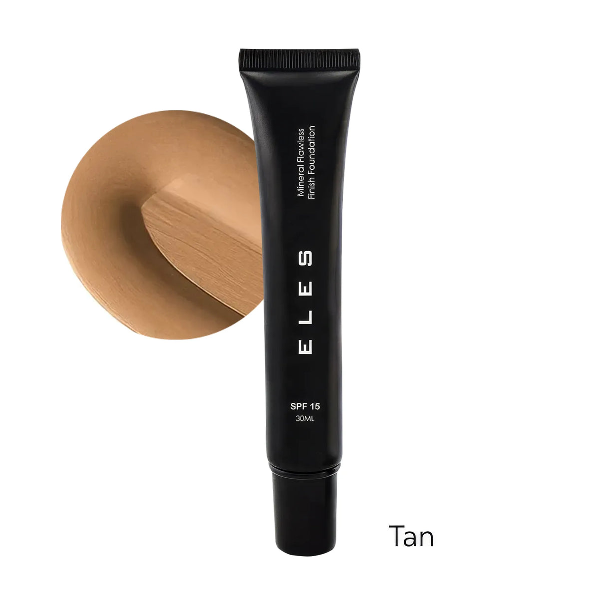 Black tube of ELES foundation with a swatch of tan color on a white background