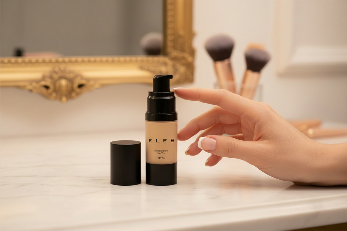 Hand holding a cosmetic bottle labeled 'ELES' on a marble surface with makeup brushes in the background.