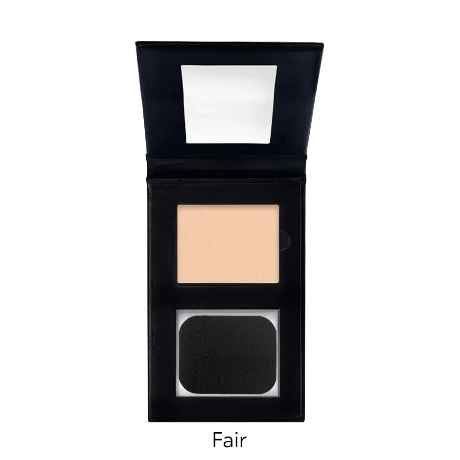 Compact powder in a black case with a mirror on a white background