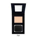 Compact powder in a black case with a mirror on a white background